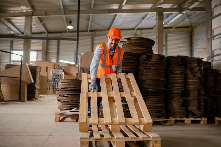 reformador, fabricante de palet de madera moviendo uno con los EPIs correctos