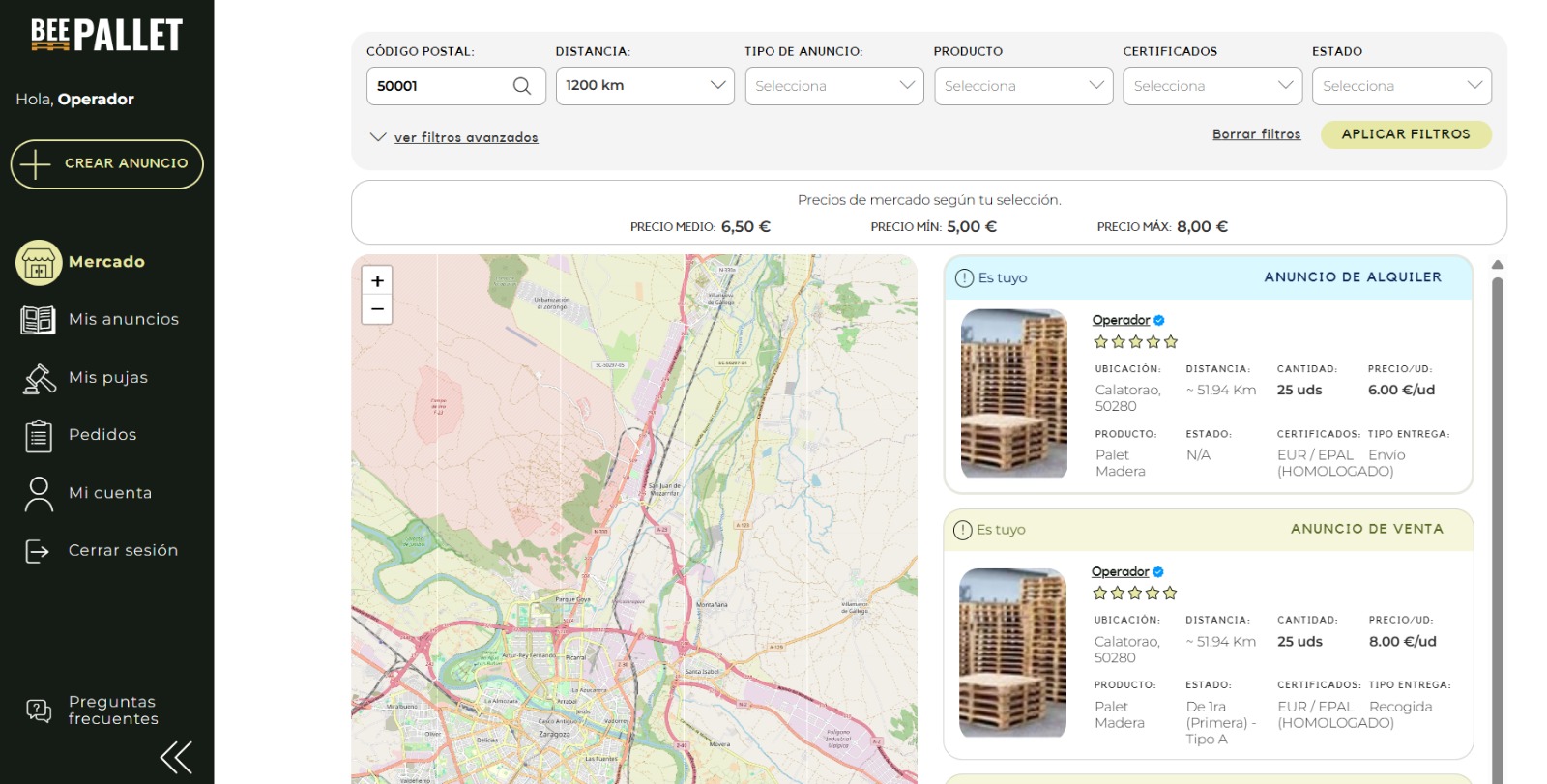 palet valores medios, mínimos y máximos